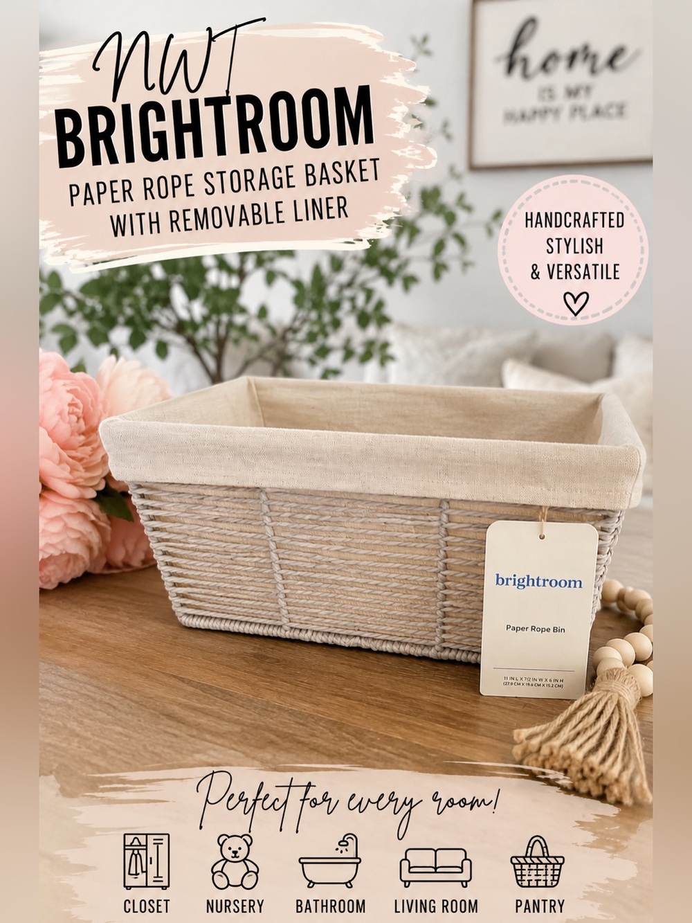 NWT Brightroom Handcrafted Paper Rope Storage Basket with Removable Liner Neutra - Picture 1 of 7
